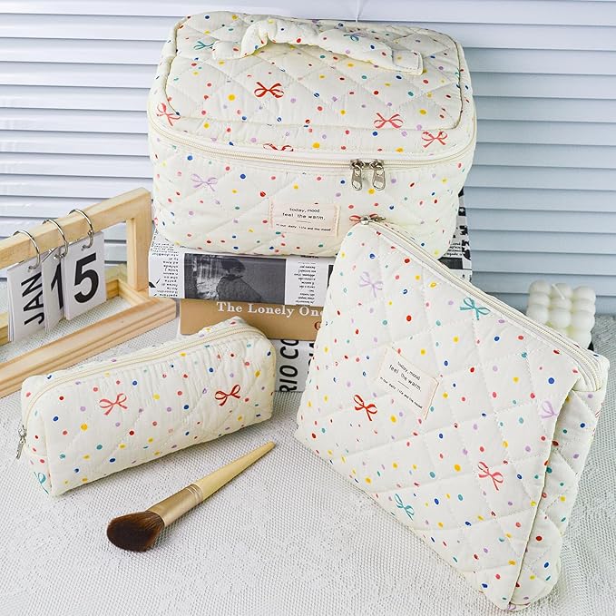 3Pcs Quilted Makeup Bag, Cute Floral Cotton Cosmetic Bag set, Coquette Bow Makeup Pouch Large Travel Toiletry Bag