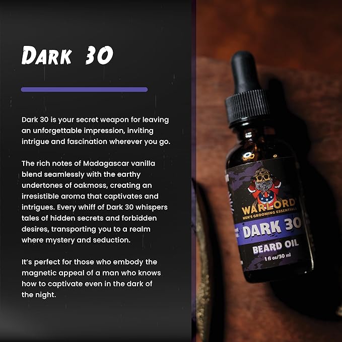 WARLORD Beard Oil & Beard Softener for Men - Beard Moisturizer & Natural Beard Oil to Reduce Itchy Skin, Tame Hair and Manage Frizz - Dark 30, 1 Fl Oz