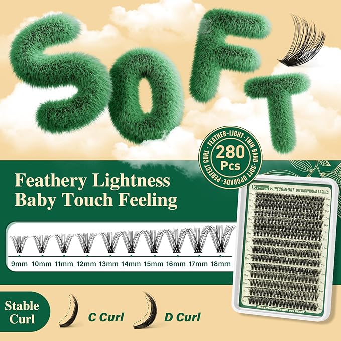 DIY Lash Extension Kit 300pcs Soft Lash Clusters 80D C Curl Easy to Apply with Lash Bond and Seal Lash Applicator Lash Remover Eyelash Extension Kit at Home(RMkit-80D-C-9-18mix)
