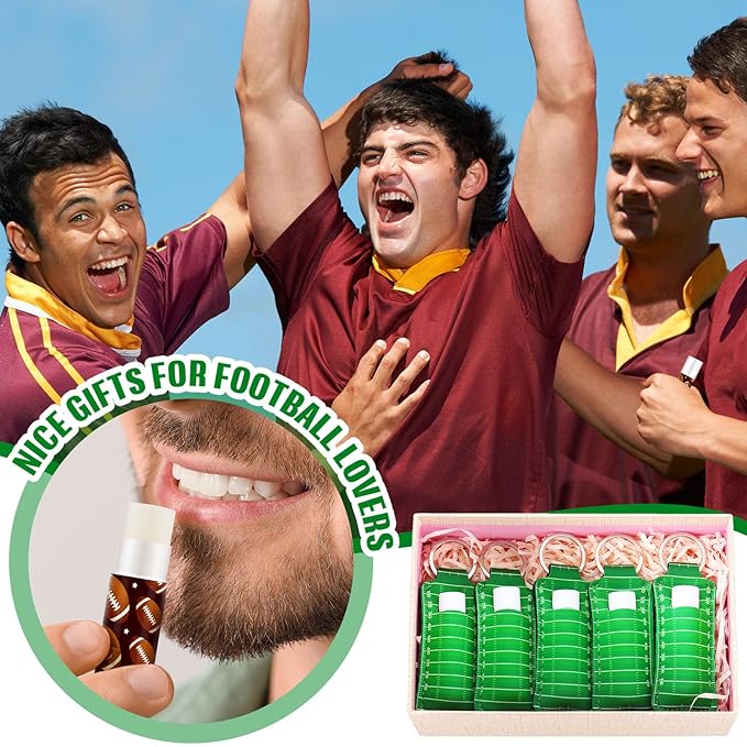 18 Sets Party Favors Lip Balm and Lipstick Holder Keychain Bulk Sport Ball Team Gifts Natural Moisturizing Lip Balm Keychains Pouch for Team Gifts Sports Party Supplies(Rugby)