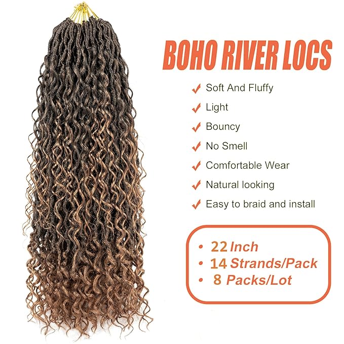 Aipin Long New Goddess Locs Crochet Hair 22 Inch Boho River Locs Hippie Locs Wavy Crochet With Curly Hair In Middle And Ends Braids Hair Extensions (8Packs,22 inch, T30)