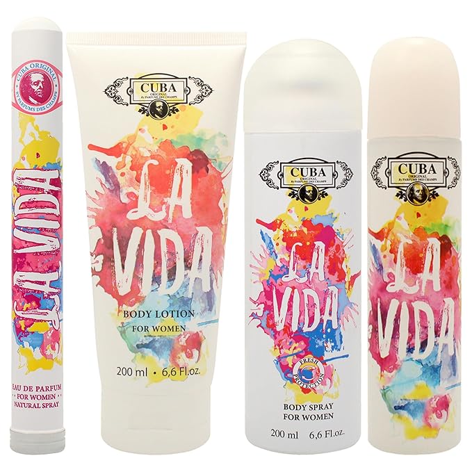 Cuba La Vida for Women - 4 Pc Gift Set 3.3oz EDP Spray, 1.17oz EDP Spray, 6.6oz Body Spray, 6.6oz Body Lotion