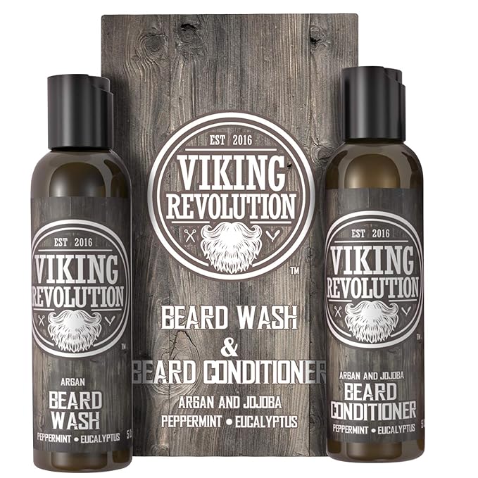 Viking Revolution Beard Care Set with Argan & Jojoba Oils - Softens, Smooths & Nourishes Facial Hair Growth - Peppermint and Eucalyptus Scented Wash & Conditioner (5 oz)