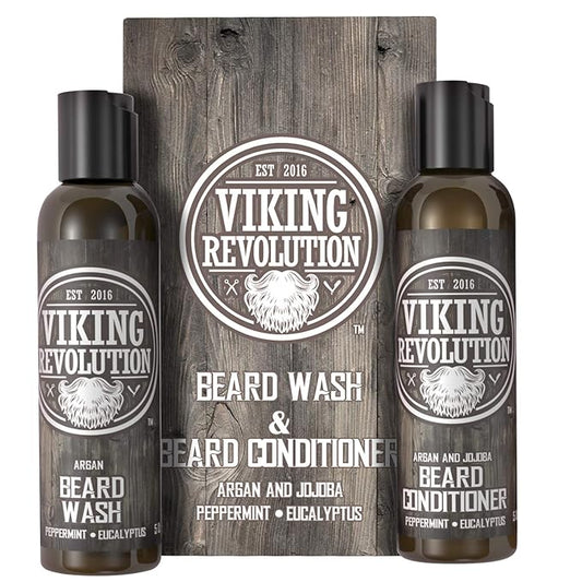 Viking Revolution Beard Care Set with Argan & Jojoba Oils - Softens, Smooths & Nourishes Facial Hair Growth - Peppermint and Eucalyptus Scented Wash & Conditioner (5 oz)