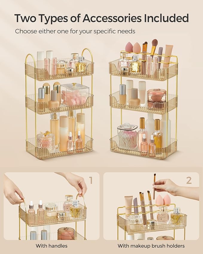 SONGMICS Makeup Organizer, 3-Tier Skincare Organizer Countertop, Customizable, 2 Types of Accessories, Jewelry Holder, for Vanity, Bedroom, Bathroom, Champagne Gold UJKA013A01