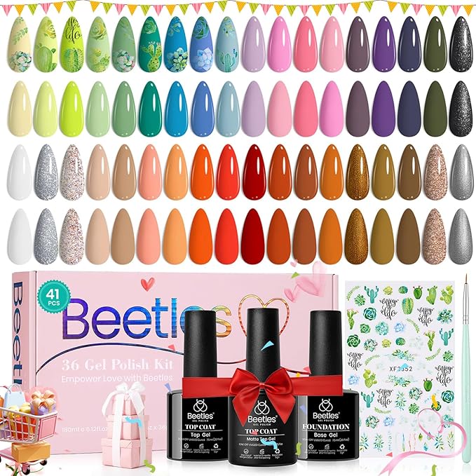 Beetles Pastel Gel Nail Polish Set 36 Colors Pink White Glitter with Base Matte and Glossy Top Spring Gel Polish Set Soak off UV Led Spring Gel Polish Holiday Nail Art for Women