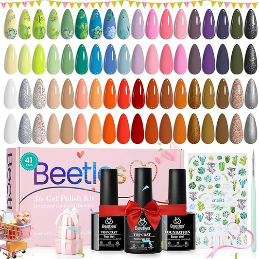 Beetles Pastel Gel Nail Polish Set 36 Colors Pink White Glitter with Base Matte and Glossy Top Spring Gel Polish Set Soak off UV Led Spring Gel Polish Holiday Nail Art for Women