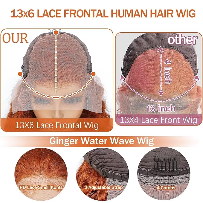 13x6 Ginger Wig Water Wave Lace Front Wigs Human Hair Pre Plucked Frontal Wigs Human Hair For Women Curly Lace Front Wig Human Hair Deep Wave Wet and Wavy 180 Density 24 Inch