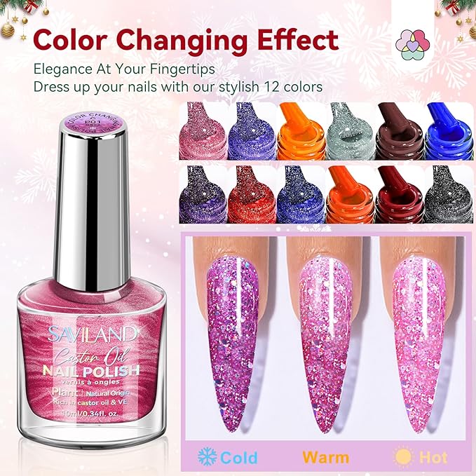 SAVILAND Color Changing Nail Polish Set: 12 Christmas Winter Colors Fingernail Polish Red Green Pink Air Quick Dry Temperature Change Mood Ombre Nail Polish with Top Base Polish Coat Women Home Nails