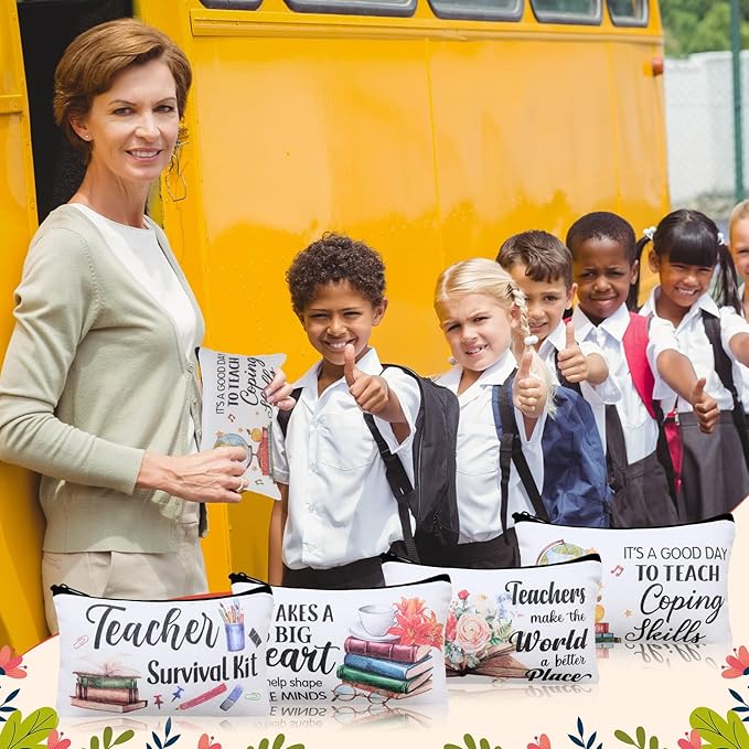 24 Pieces Makeup Bags Bulk Canvas Cosmetic Bags Purse Organizer Zipper Cosmetic Pouch Portable Travel Toiletry Pouch for Women Men Gifts, 7 x 4 Inch (Teacher Thanks)