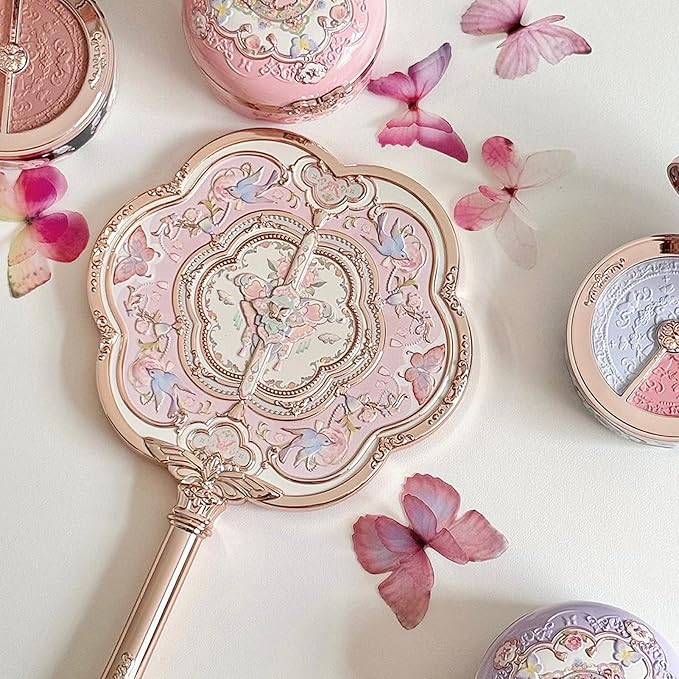 Flower Knows Butterfly Cloud Collar Hand Mirror,Portable Vintage Handheld Mirror,Durable Metal Mirror,Cute & Aesthetic Princess Mirror,with Long Handle for Easy Holding,Gift for Girls(Lotus Pink)