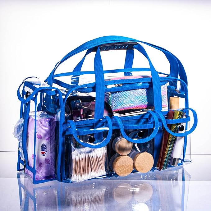 Wide Opening Large Professional Clear PVC Travel Makeup Artist Set Cosmetic Nails Beauty Transparent Vinyl Tool Organizer Work Beach Diaper Bag With 6 External Pockets & Strap (Blue)