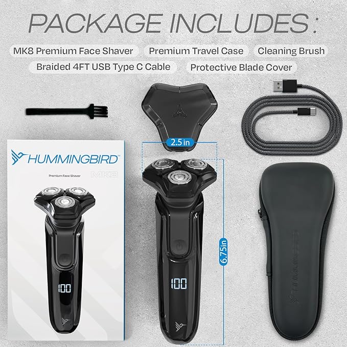 HUMMINGBIRD MK8 Premium Rotary Face Shaver, Rechargeable Wet & Dry Electric Shaver with Pop-up Trimmer, Electric Razor for Men, Waterproof, Cordless USB-C Rechargeable, LED Display, Travel Case