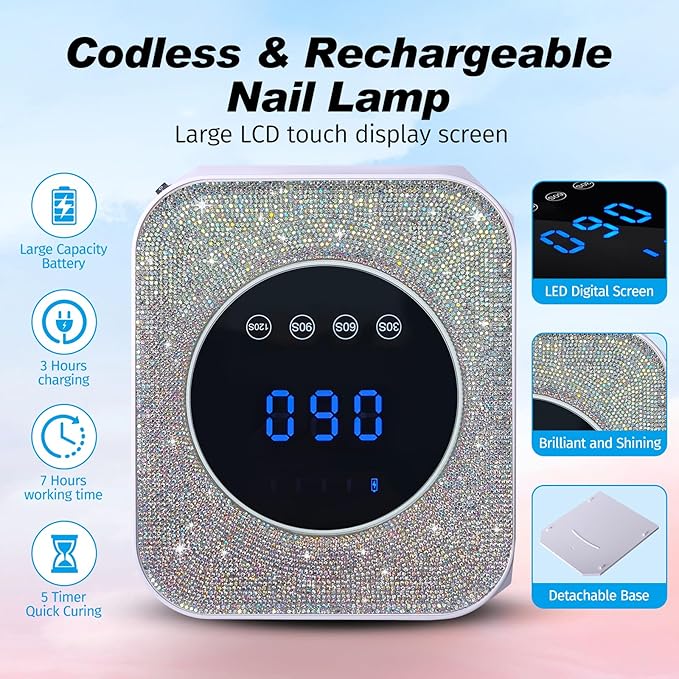 UV Light for Gel Nails 72W Cordless LED Nail Lamp Gel Polish Dryer 4 Timer Modes Rechargeable Bling Silver Diamond Rhinestones for Salon & Home