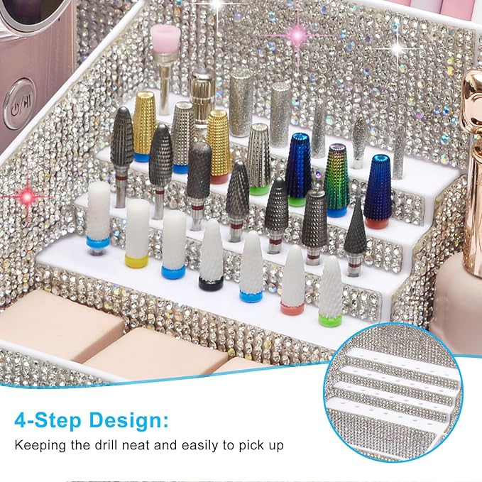 ANRUI Nail Drill Bit Holder, 28 Holes Plastic Nail Drill Machine & Bits Storage Case, Professional Nail Desk Organizer for Manicure Tools Gift for Women and Girls- Sparkling Diamond