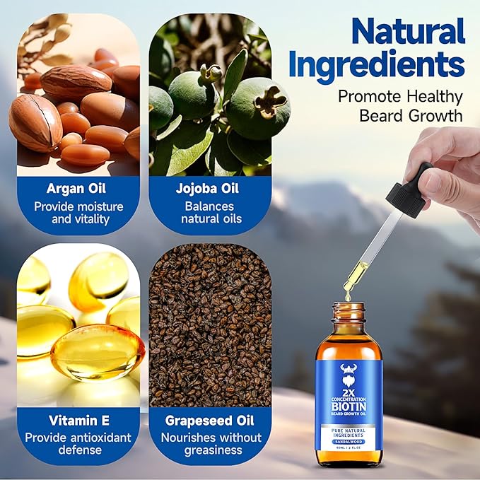 Beard Growth Oil - 2X Concentration Biotin Beard Oil for Men (2 oz) - Natural Mens Beard Oil with Argan Oil, Jojoba Oil and Vitamin, Beard Growth Softener, Moisturizer (Sandalwood)