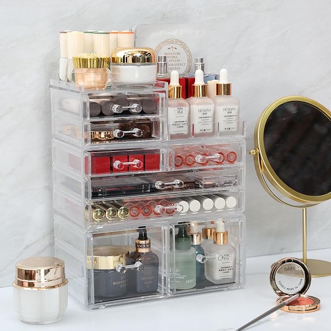 Cq acrylic 3 Pack Clear Makeup Organizer Countertop,Stackable 8 Drawers Skin Care Organizer,Cute Make Up Organizers for Vanity Jewelry,Hair Accessory,Beauty,Skin Care,Skincare Product Desk Storage