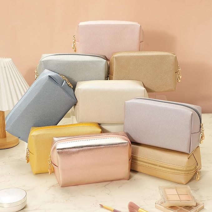 Sanwuta 9 Pcs Preppy Makeup Bag PU Leather Cosmetic Bag Makeup Pouch Plain Waterproof Toiletry Organizers for Traveling Preppy Travel Purse End of the Year Teacher Gifts Bulk(Pearl Color)