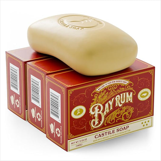 Carolina Castile Soap Vegan Bay Rum Castile Bar Soap – 3 Bars of Natural Soap for Men, Women, and Kids – Gentle, Hydrating Castile Soap Bars with Organic Cocoa Butter and Olive Oil, 5 Oz. Each