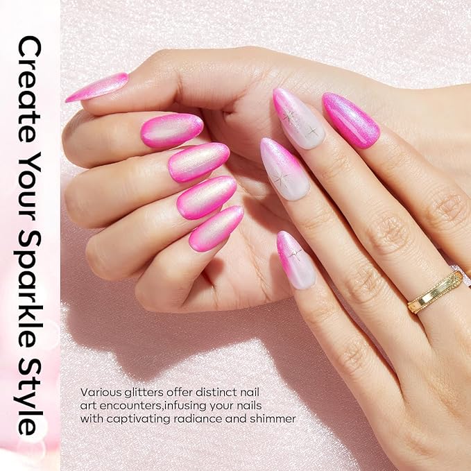 modelones Pink Glitter Gel Nail Polish Set, 6 Colors Hot Pink Tones Sparkle Pink Shades Shimmer Cat Eye for Women Girl Nail Lovers Gift Salon DIY Nail Art Gel Nail Kit