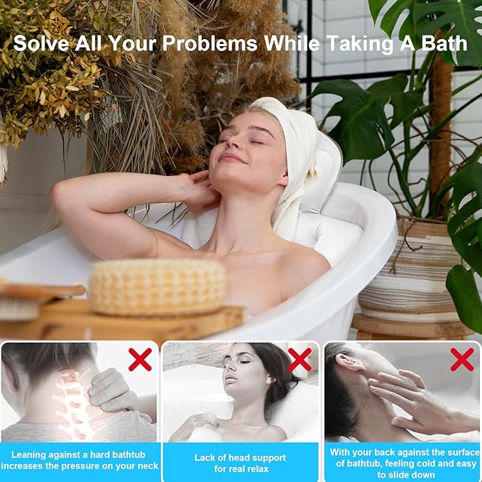 Full Body Bath Pillow for Bathtub, Luxury Bath Gifts for Women, Tub Pillow for Bath for Headrest Neck and Back Support (White)