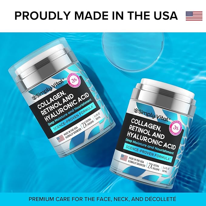 SimplyVital Collagen, Retinol & Hyaluronic Acid Cream - Anti-Aging Retinol Cream for Face, Neck & Décolleté - Made in USA - Daily Moisturizer Face Cream - 3,38 fl oz