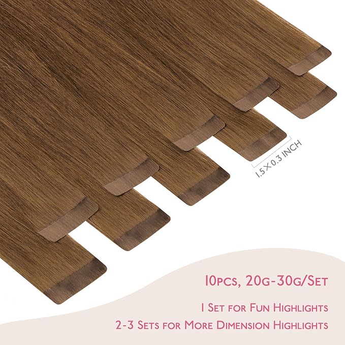 WENNALIFE Tape in Hair Extensions Human Hair Light Auburn Brown Tape in Extensions, 10pcs 30g 20 inch Remy Invisible Tape Ins Straight Colored Soft Real Human Hair Tape in Extensions Refill Set