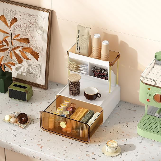 Makeup Organizer with Storage Drawer,Cosmetic Display with Lipsticks Brush Holder Perfume Tray,Organize Cosmetics and Beauty Supplies for Vanity,Dresser,Bathroom,Desktop Organizer,Amber