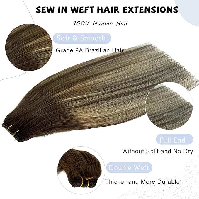 Sew in Hair Extensions Real Human Hair, Hand Tied Human Hair Weft Extensions 16 Inch Ombre Ash Brown to Ash Blonde Balayage Blonde Highlights Hair Weft 80G Straight Human Hair Weft Weaves Bundles