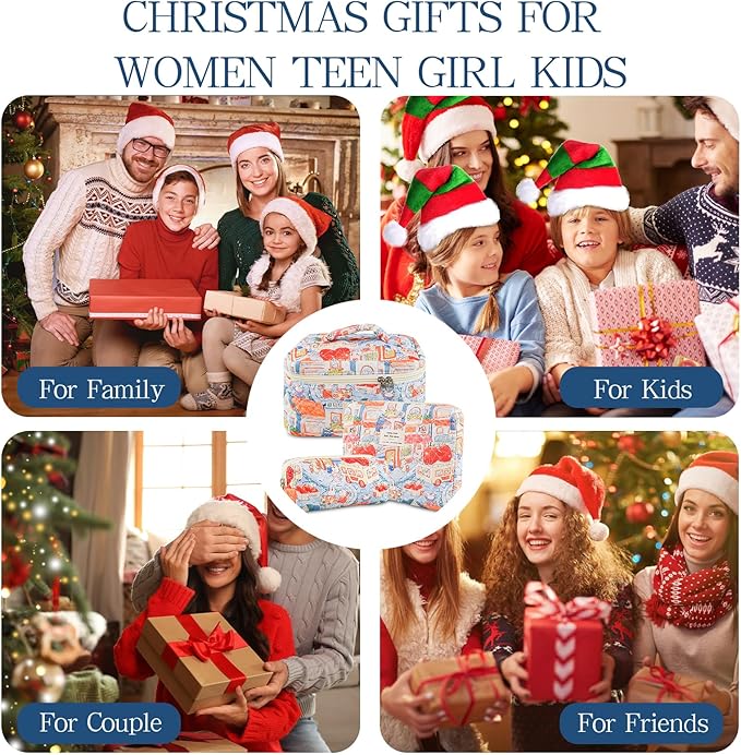 Makeup Bag, 3 PCS Quilted Makeup Bag, Cute Floral Cotton Cosmetic Bag set, Coquette Makeup Pouch Large Travel Toiletry Bag