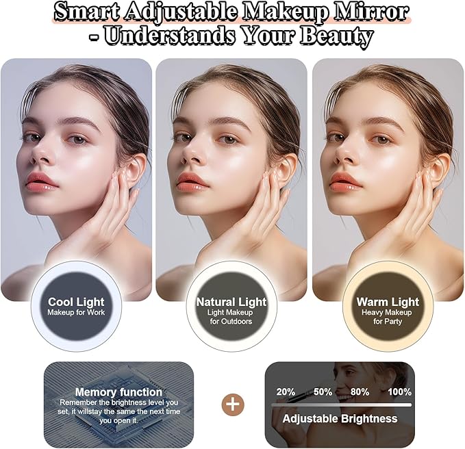 Travel Makeup Bag With LED Mirror - 3 Color Setting Cosmetic Box Organizer Vanity Case for Women Beauty Tools Accessories - Rechargeable (Pink, Middle)