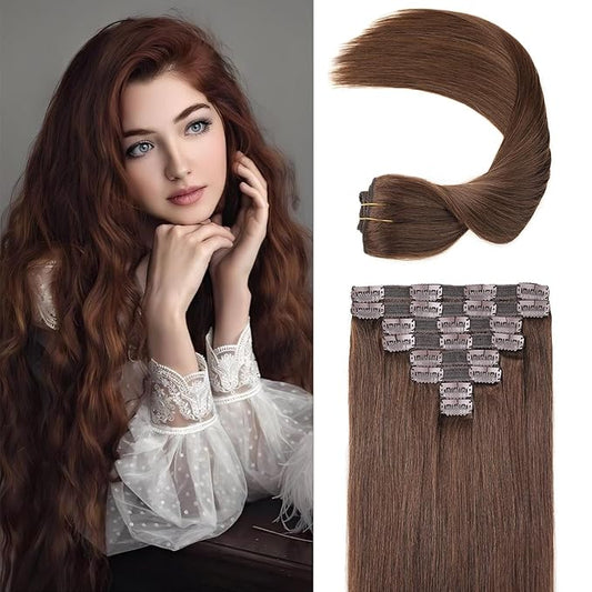 Clip In Human Hair Extensions,120Gram Real Hair Extensions Clip in Human Hair Double Weft 8 Pieces #4 Medium Brown Straight Sliky 18inches Remy Hair Clip in Extensions