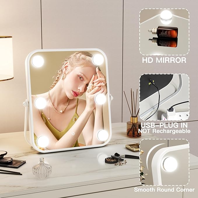 10x12 Inch Hollywood Vanity Mirror with Dimmable LED Lighting, Smart Touch Control & U-Shaped Bracket - Portable Tabletop Makeup Mirror for Travel, Home