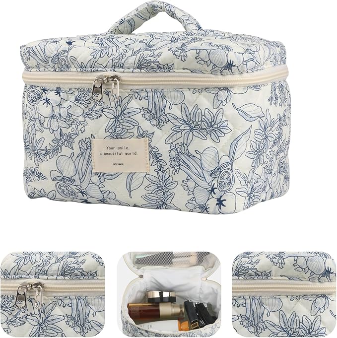 Cute Makeup Bag for Women(3 Pcs), Quilted Floral Coquette Aesthetic Make up Bags, Travel Cosmetic Bags Toiletry Organizer Bag(NavyBlue Flower)