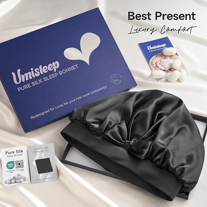Umisleep Large Silk Bonnet for Sleeping Women, 100% Double Layer 22 Momme Mulberry Silk, Non Slip Hair Bonnet with Adjustable Band for Curly Long Hair, Black