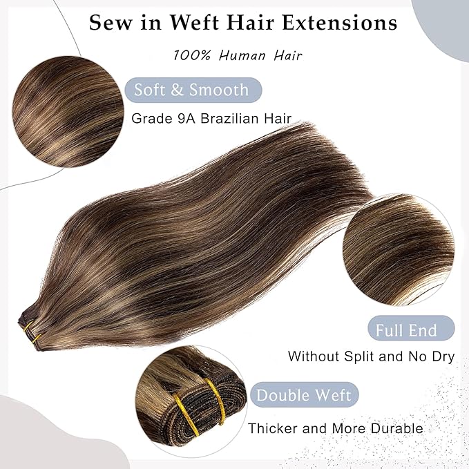 Ubetta Human Hair Weft Dark Brown Balayage Ash Brown Highlights Sew in Hair Extensions Real Human Hair 22 Inch 120G Weft Hair Extensions Remy Real Human Hair Bundles Weave Extensions for Women
