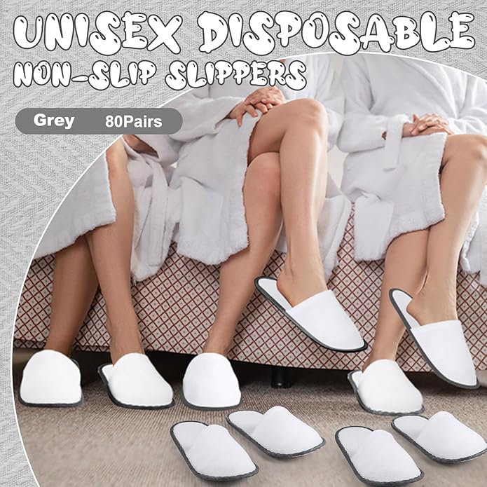 Ramede 80 Pairs Non Slip Disposable Slippers Bulk Hotel Spa Fluffy Closed Toe Indoor Slippers for Guests Men Women Home Wedding Travel Party
