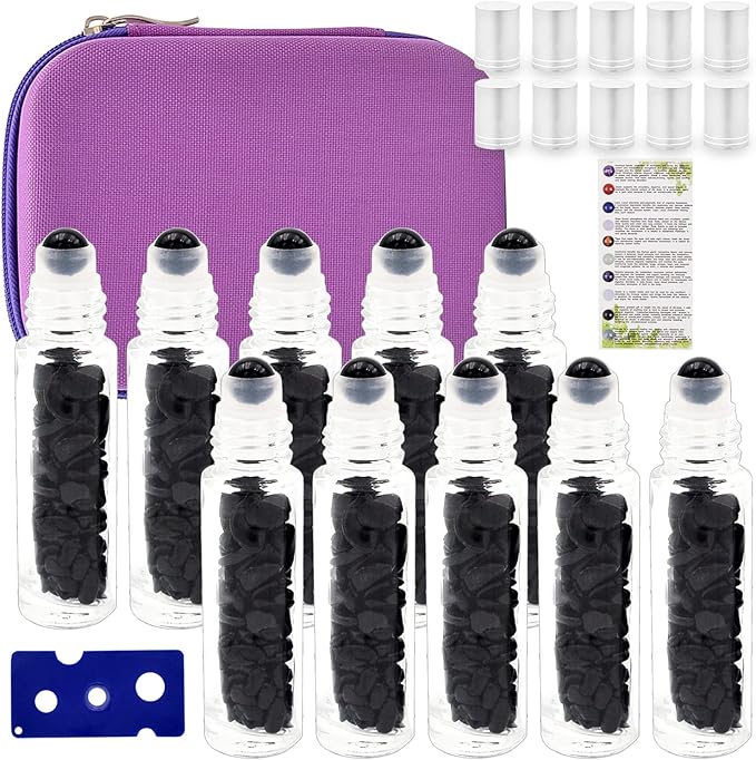 Essential Oil Roller Bottle 10ml w EVA Carrying Travel Case（Clear Glass Bottle with silver Cap、10pack、Gemstone Roller Balls、Crystal Chips Inside、Opener Gemstone Roller Ball Bottles
