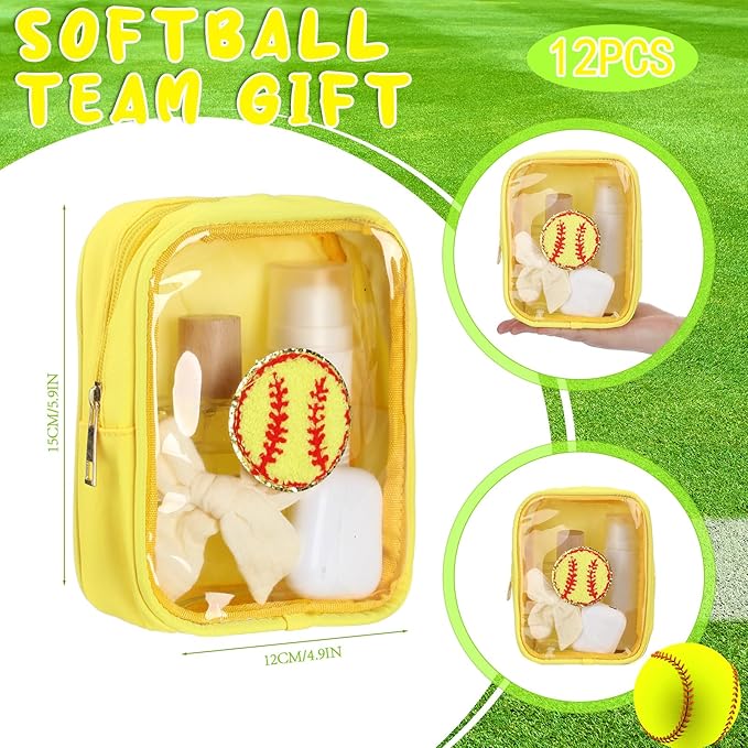 Reginary 12 Pcs Chenille Patch Gift Bags Senior Night Gift Bag Waterproof Travel Size Pack for Party Favors Team Stuff(Yellow,Softball)