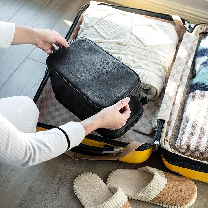 Elviros Toiletry Bag for Men, Large Travel Shaving Dopp Kit Water-resistant Bathroom Toiletries Organizer PU Leather Cosmetic Bags (Medium, Black)