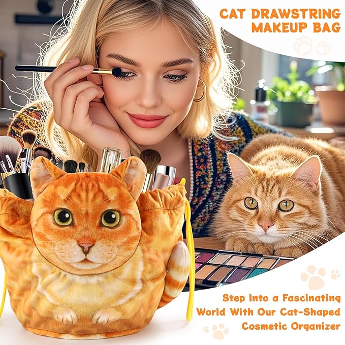 Drawstring Makeup Bag - Travel Organizer, Cosmetic Pouch, Cat Gift for Women, Lay Flat Bag for Cat Lovers