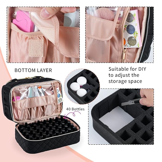 Nail Polish Organizer Case Fits a Nail Lamp and 40 Bottles,Stylish Nail Organizer with Side Pockets for Gel Polish Remover,Nail Supplies Set (Patented,Bag Only)-Black01