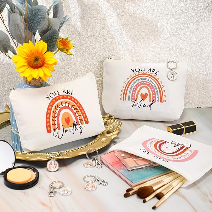 Sieral 40 Pcs Rainbow Cosmetic Bags Rainbow Keychains Set Inspirational Canvas Cosmetic Bags Bulk You are Amazing Makeup Bag Motivational Keychains for Women Teacher Students Coworker Thank You Gift