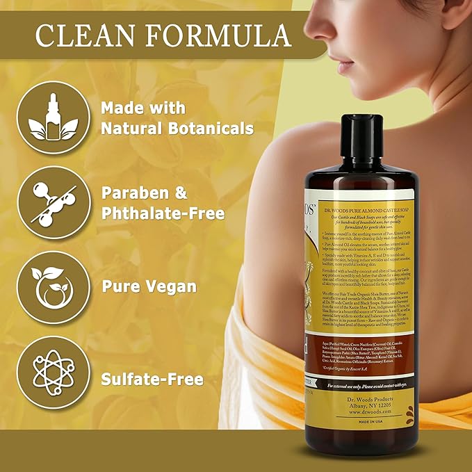 Dr. Woods Almond Liquid Castile Soap - Castile Soap with Pure Almond Oil, Body Wash for Men and Women, Organic Shea Butter, Natural Cleaner for Face, Hands, and Body - 32 Fl Oz, Pack of 2