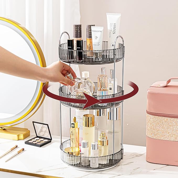 360° Rotating Makeup Organizer, Bathroom Make Up Spinning Holder Rack, Large Capacity Cosmetics Storage Vanity Shelf Countertop, Fits Cosmetics, Perfume, Skincare, Lipsticks(3 Tiers, Gray)