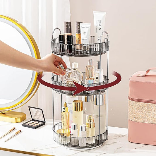 360° Rotating Makeup Organizer, Bathroom Make Up Spinning Holder Rack, Large Capacity Cosmetics Storage Vanity Shelf Countertop, Fits Cosmetics, Perfume, Skincare, Lipsticks(3 Tiers, Gray)