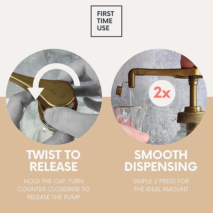 eBun Goldengleam Glass Mouthwash Dispenser (Gold Plastic Pump) 37oz Mouthwash Pump Dispenser, Mouth Wash Holder with Rinse Cup, Mouth Wash Glass Bottle, Decanter, Large Bottle for Bathroom Set