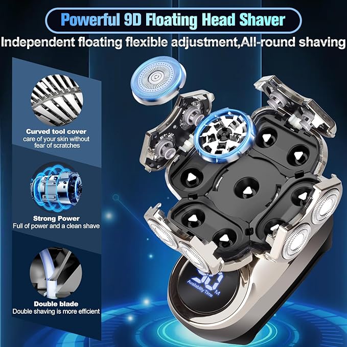 9D Head Shavers for Bald Men, Electric Razor for Men to Shave Fast with LED Display, Cordless Rechargeable, IPX7 Waterproof Wet/Dry Rotary Shaver Kit with Nose Hair Trimmer Shaver, Gift for Mens