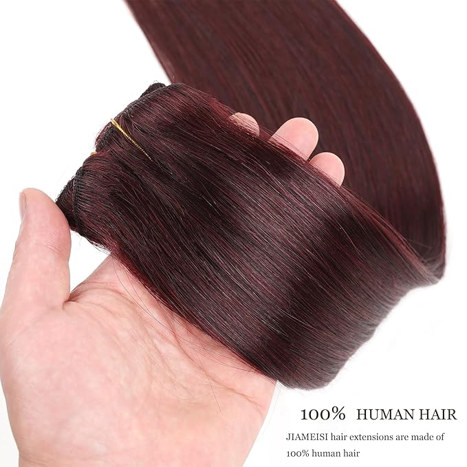 12Inch Clip In Hair Extensions Burgundy Human Hair Seamless Sliky Straight 70G 7Pcs #99J Wine Red Human Hair Clip in Extensions