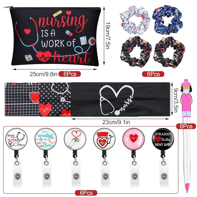 Colarr 36 Pcs Nurse Appreciation Gift Set Include Nurse Makeup Bag Nursing Headbands Hair Nurse Scrunchie Nurses Socks Nurse Ballpoint Pens Nurse Badge Holder Reel Nurse Week Day Gifts for Nurse